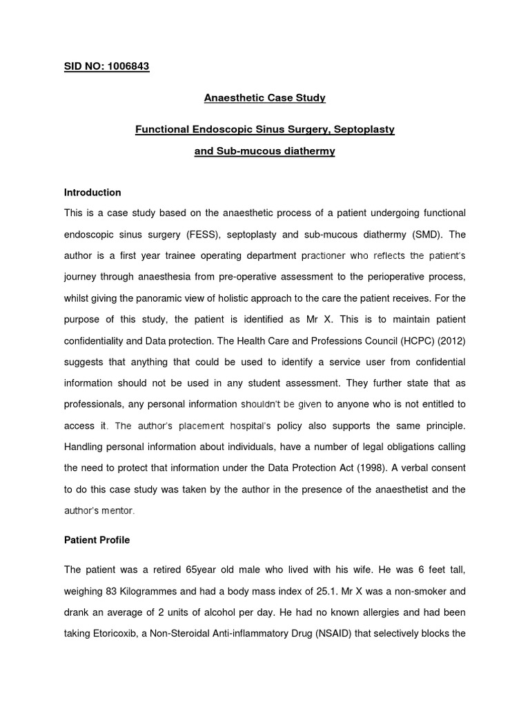 Anaesthetic Case Study PDF Anesthesia Surgery
