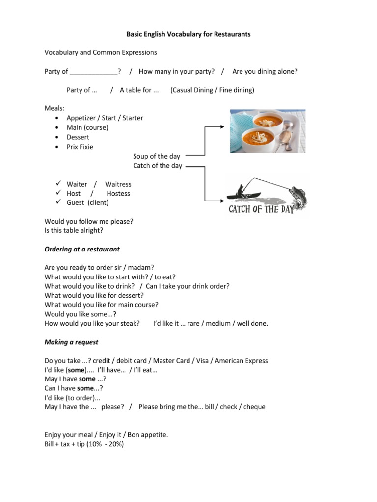 Basic English Vocabulary For Restaurants | PDF | Restaurants | Waiting ...