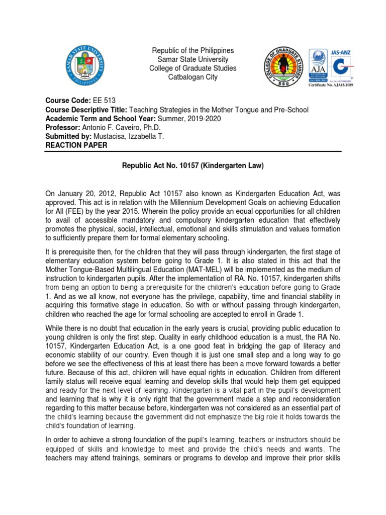 Impact of RA 10157 on Kindergarten Education | PDF | Kindergarten ...