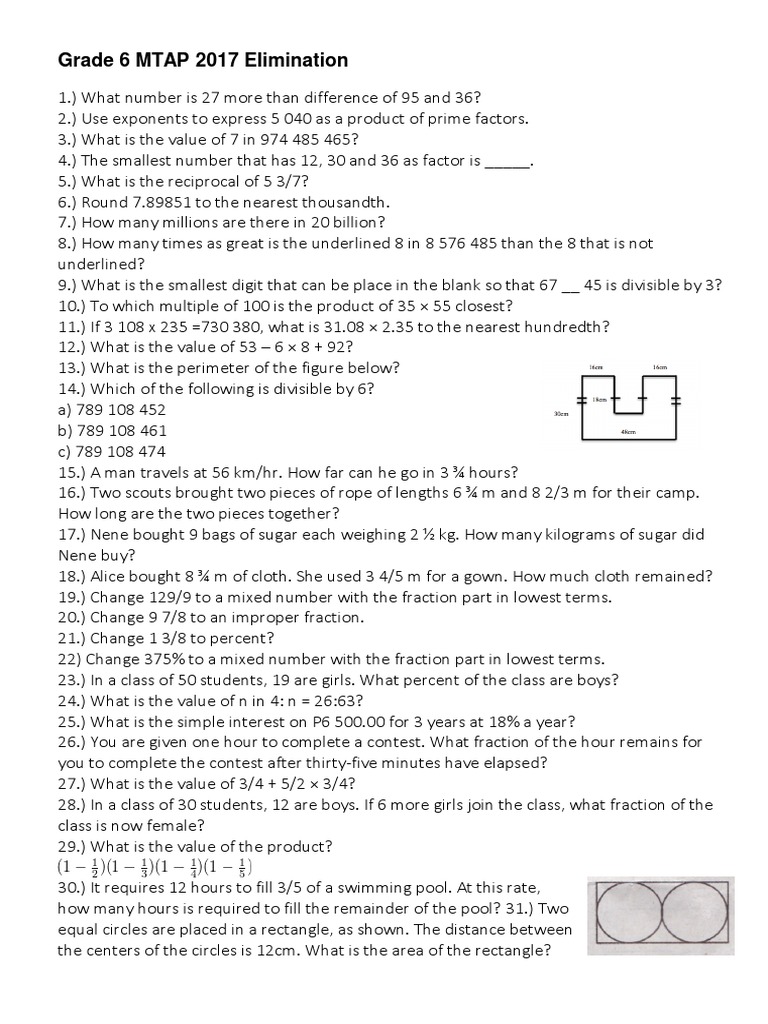 Grade 6 MTAP 2017 Elimination Questions | PDF | Area | Fraction ...