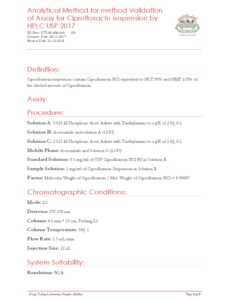 Analytical Method For Validation of Ciprofloxacin Suspension | PDF ...