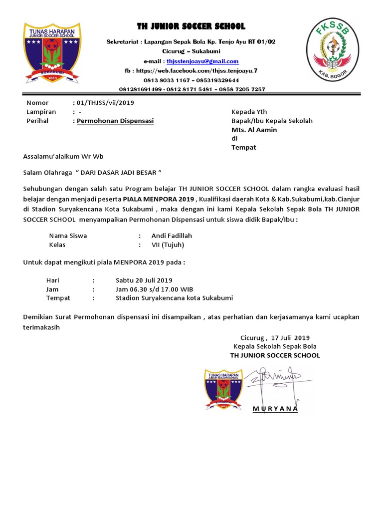 Th Junior Soccer School Dispensasi Menpora