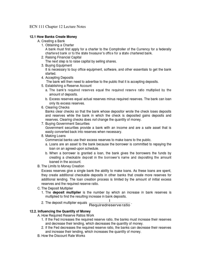 ECN 111 Chapter 12 Lecture Notes 12.1 How Banks Create Money PDF Reserve Requirement