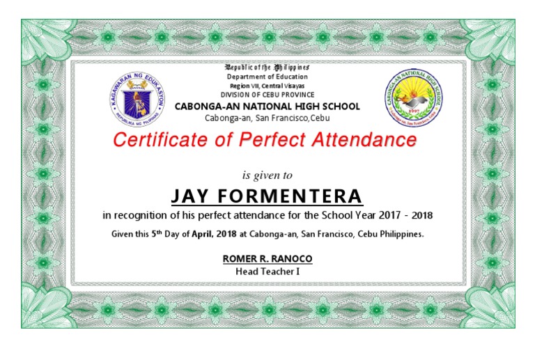 Certificate of Perfect Attendance PDF