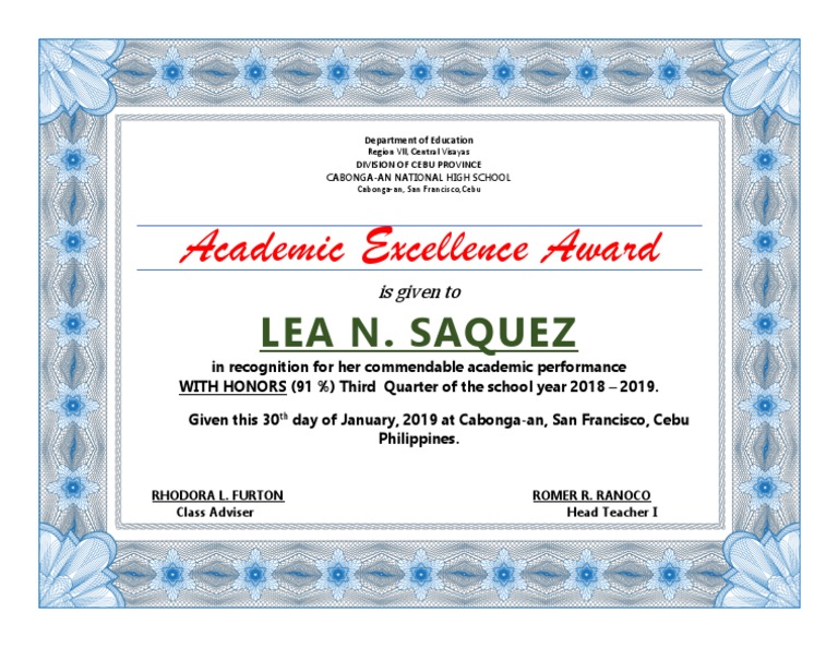 Academic Excellence Award Certificate | PDF