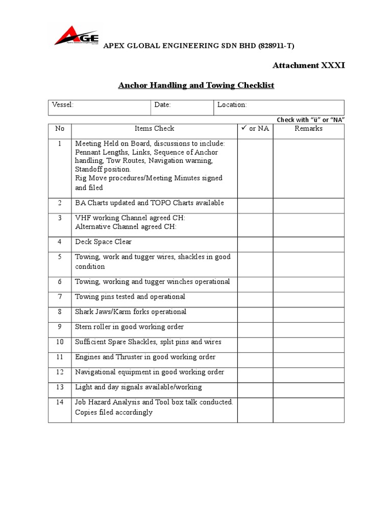 Anchor Handling and Towing Checklist | PDF | Technology & Engineering