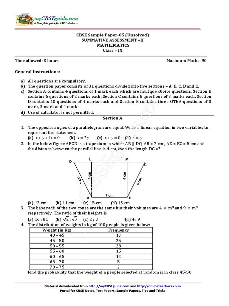 Class IX Mathematics Sample Paper 05 | PDF | Area | Triangle