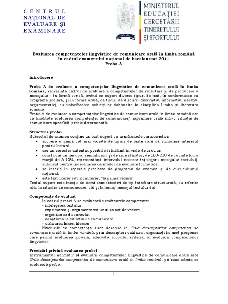 Proba A Competente Lingvistice Limba Romana Model Subiect | PDF