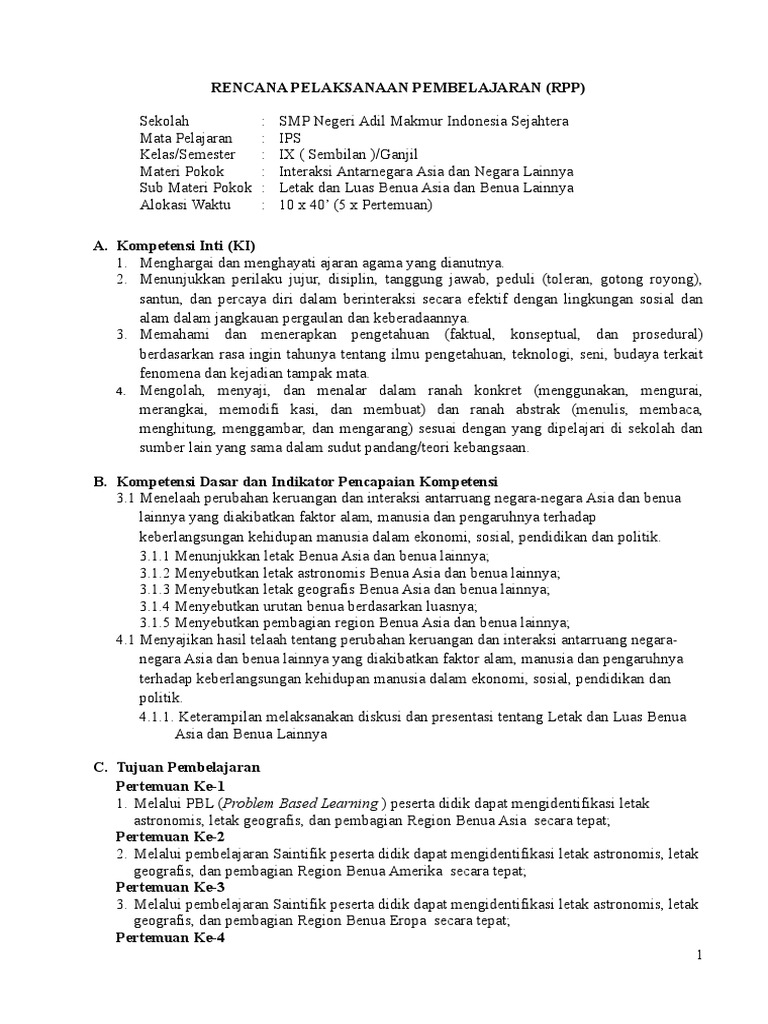 Rpp Ips Kelas Ix Letak Dan Luas Benua Asia Dan Benua Lainnya Aris Munandar 172171037