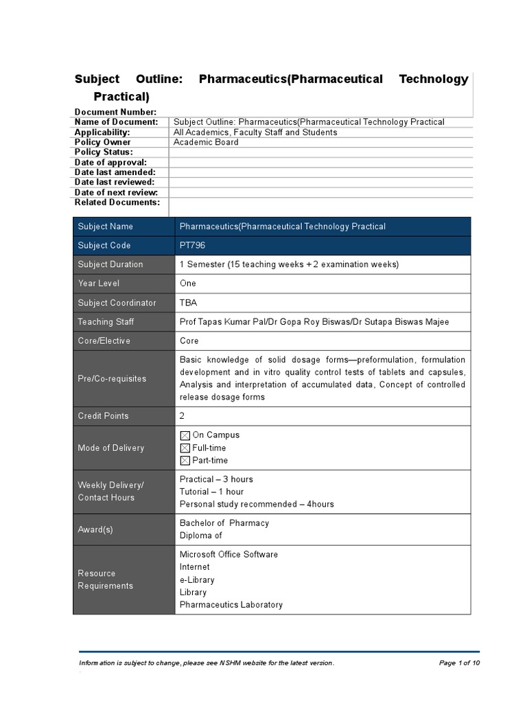 Pharmaceutics Practical Course Outline | PDF | Experiment | Tablet ...