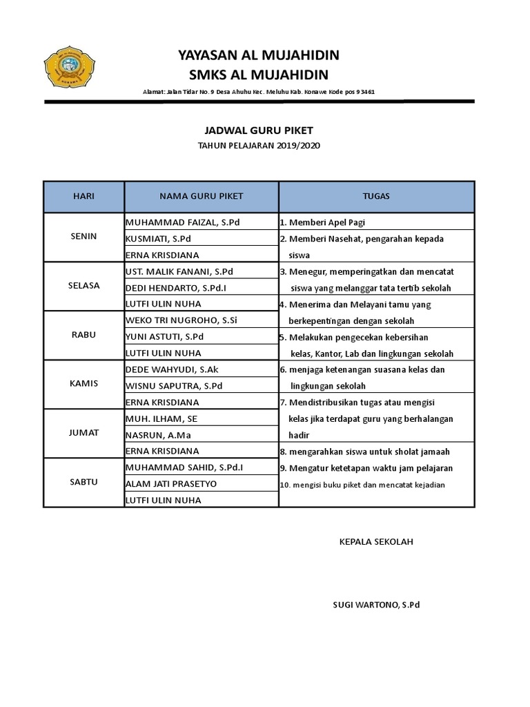 Jadwal Petugas Upacara &amp; Guru Piket