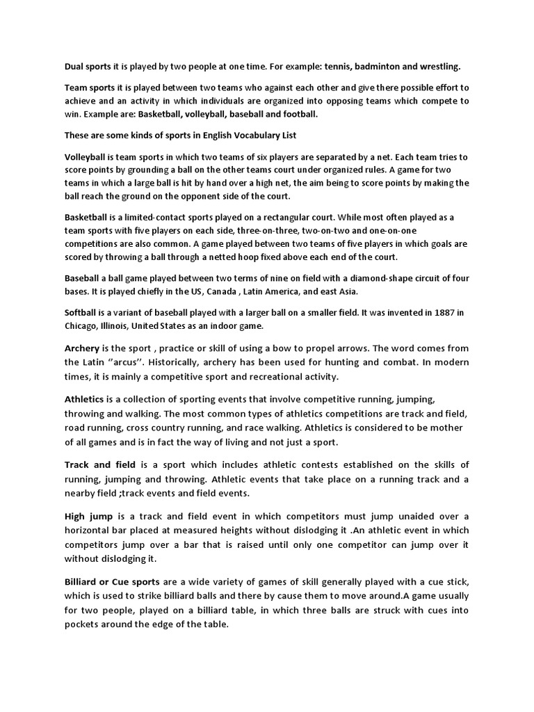 A Summary of Common Individual, Dual, and Team Sports with Examples