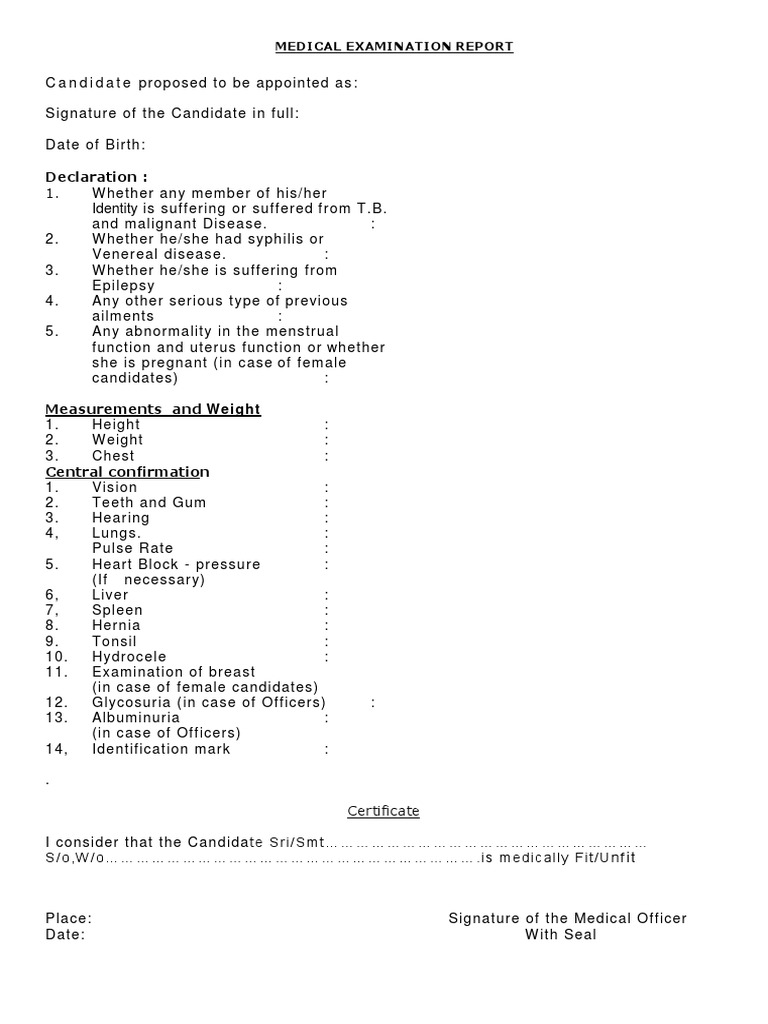 Medical Examination Report for Candidates | PDF | Self-Improvement ...