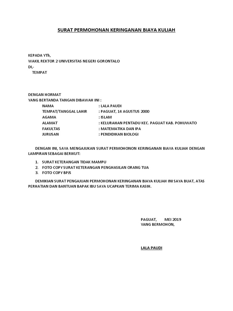 Surat Permohonan Keringanan Biaya Kuliah
