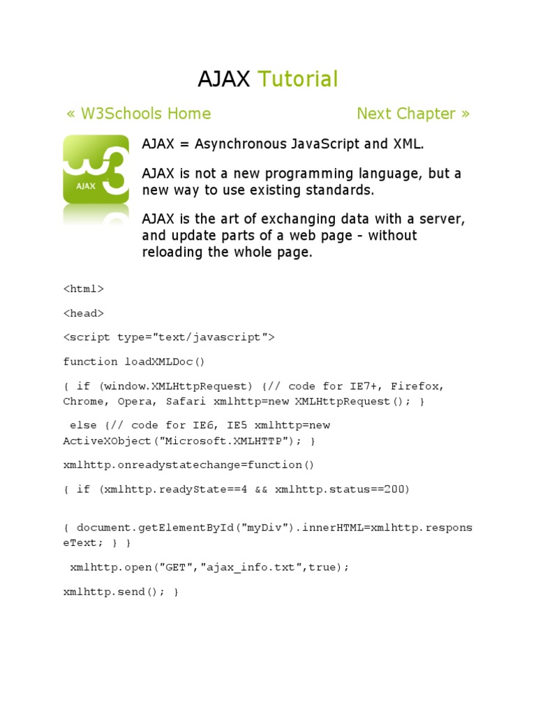 Tutorial: W3Schools Home Next Chapter | Download Free PDF | Ajax ...