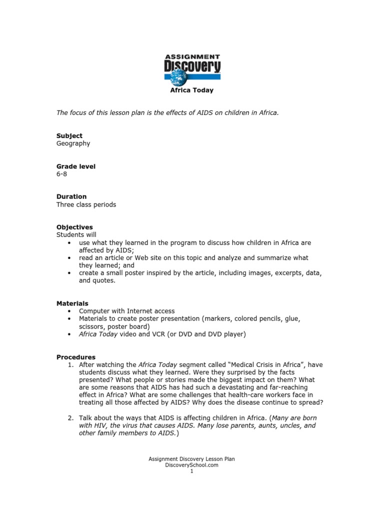 Africa Today: The Focus of This Lesson Plan Is The Effects of AIDS On ...