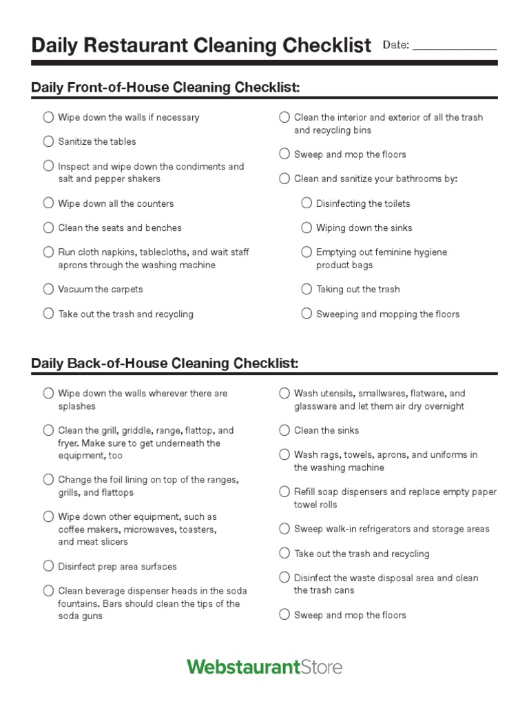 Daily Restaurant Cleaning Checklist Printable Pdf Refrigerator Sink