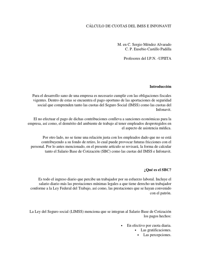 Cálculo de Cuotas Del Imss e Infonavit | PDF | Salario | Seguro
