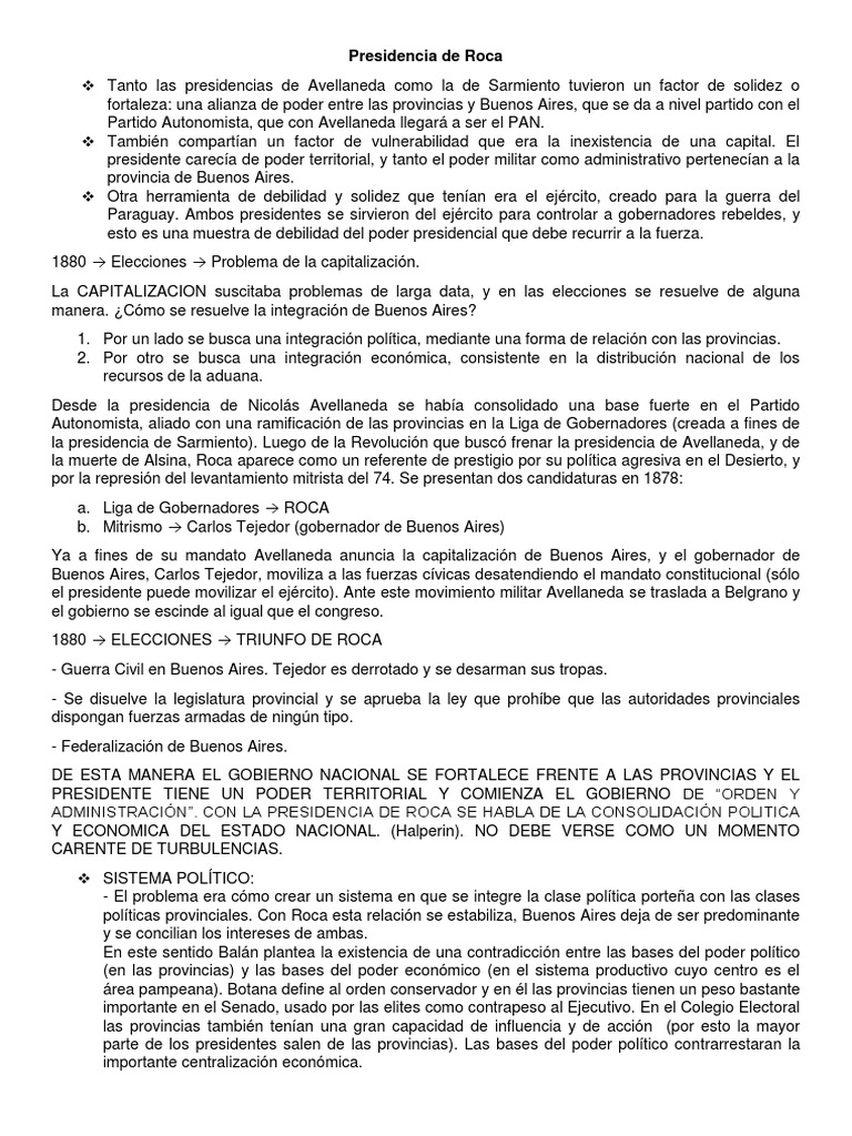 Presidencia de Roca: Consolidación Nacional | PDF | Estado (política ...