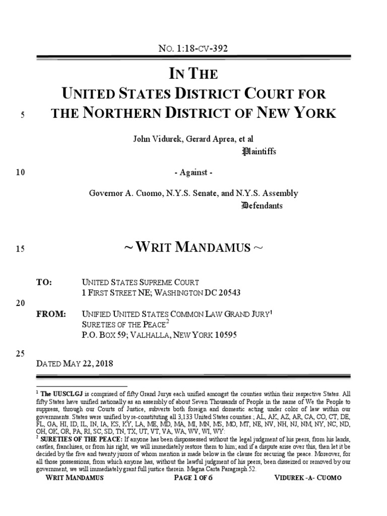 Writ of Mandamus: Vidurek v. Cuomo | PDF | Supreme Courts | U.S. State