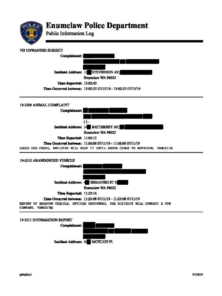 Enumclaw Police Department Crime Blotter