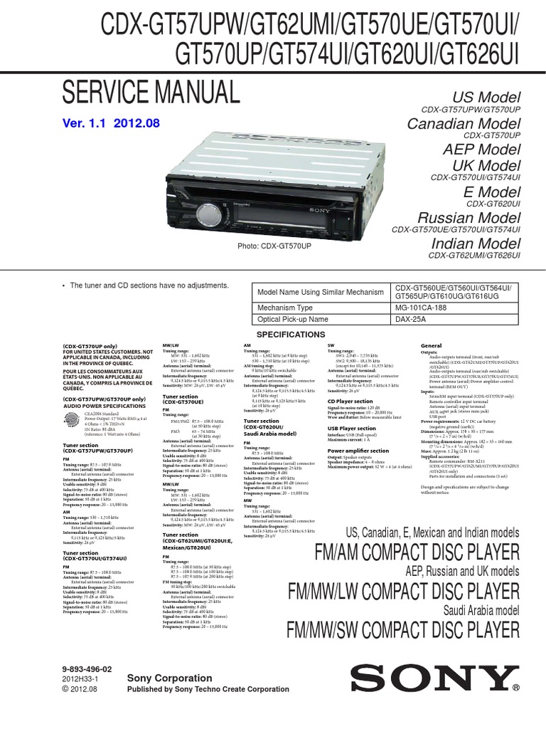 Sony Cdx-Gt57upw Cdx-Gt62umi Cdx-Gt570ue Uv Up Cdx-Gt574ui Cdx.