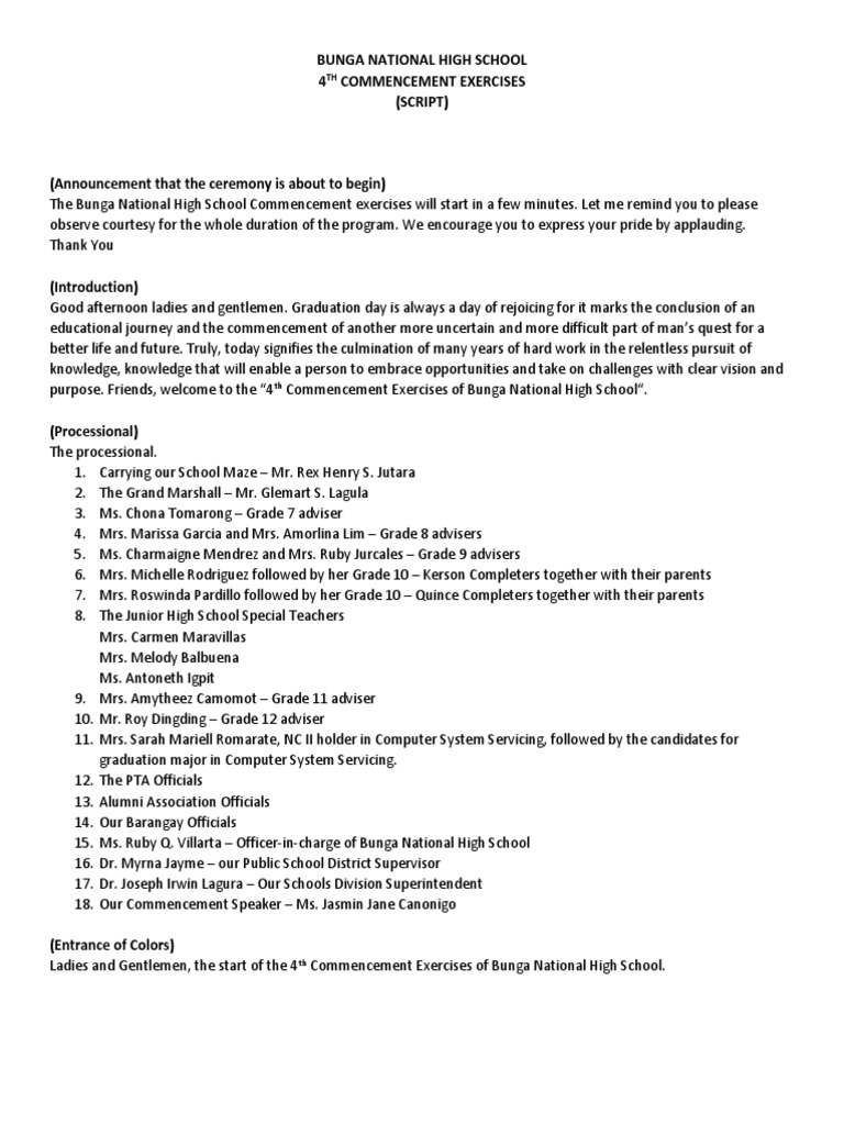 Bunga National High School Graduation Script | PDF