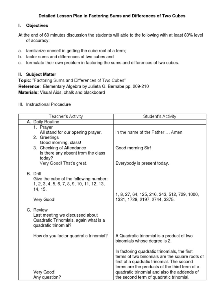 Detailed Lesson Plan in Special Products | PDF | Factorization | Numbers
