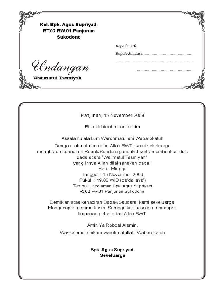 Contoh Undangan Walimatul Tasmiyah | PDF