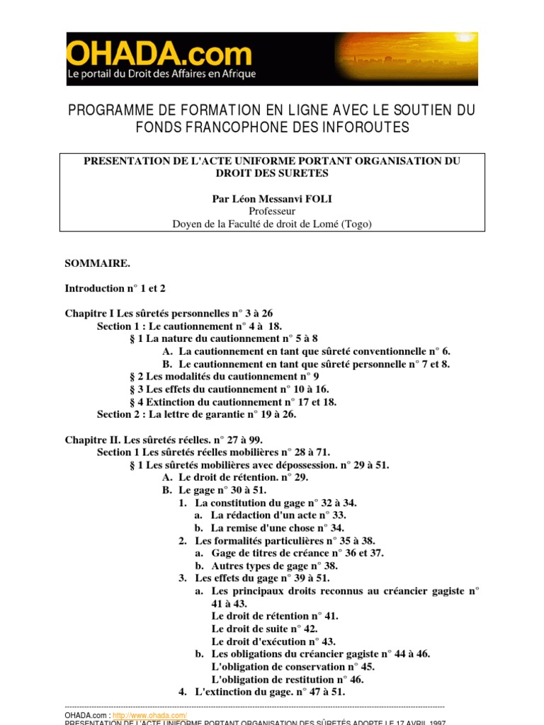 Le Nouvel Acte Uniforme Portant Organisation Des Suretes SURETES | PDF | Cautionnement | Hypothèque