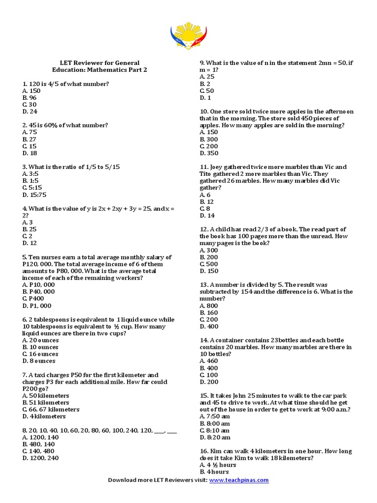 LET Math Reviewer: Practice Questions | PDF | Teaching Mathematics
