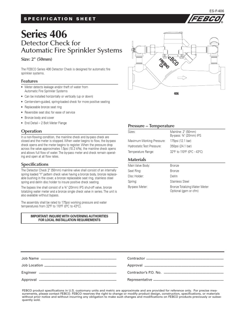 Series 406 Specification Sheet Fire Sprinkler System Valve