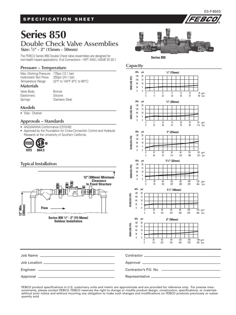 Series 850 Specification Sheet | PDF | Valve | Screw