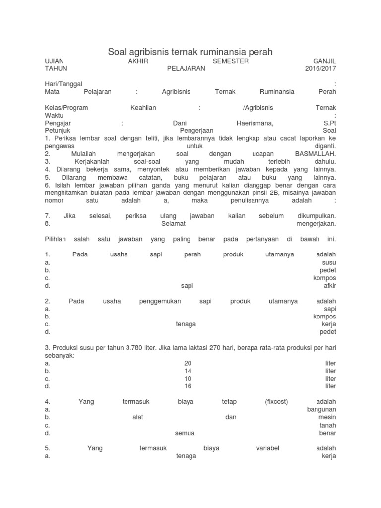 Soal Ujian Agribisnis Ternak Ruminansia | PDF