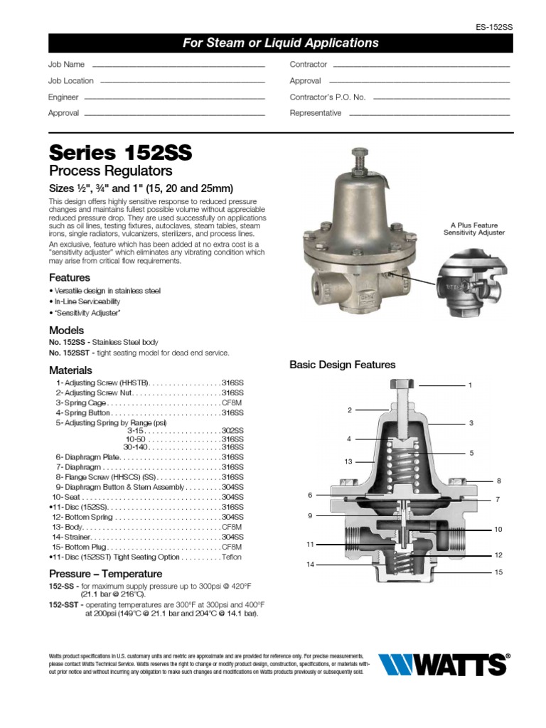 152SS Series PROCESS REGULATORS Specification Sheet Pressure