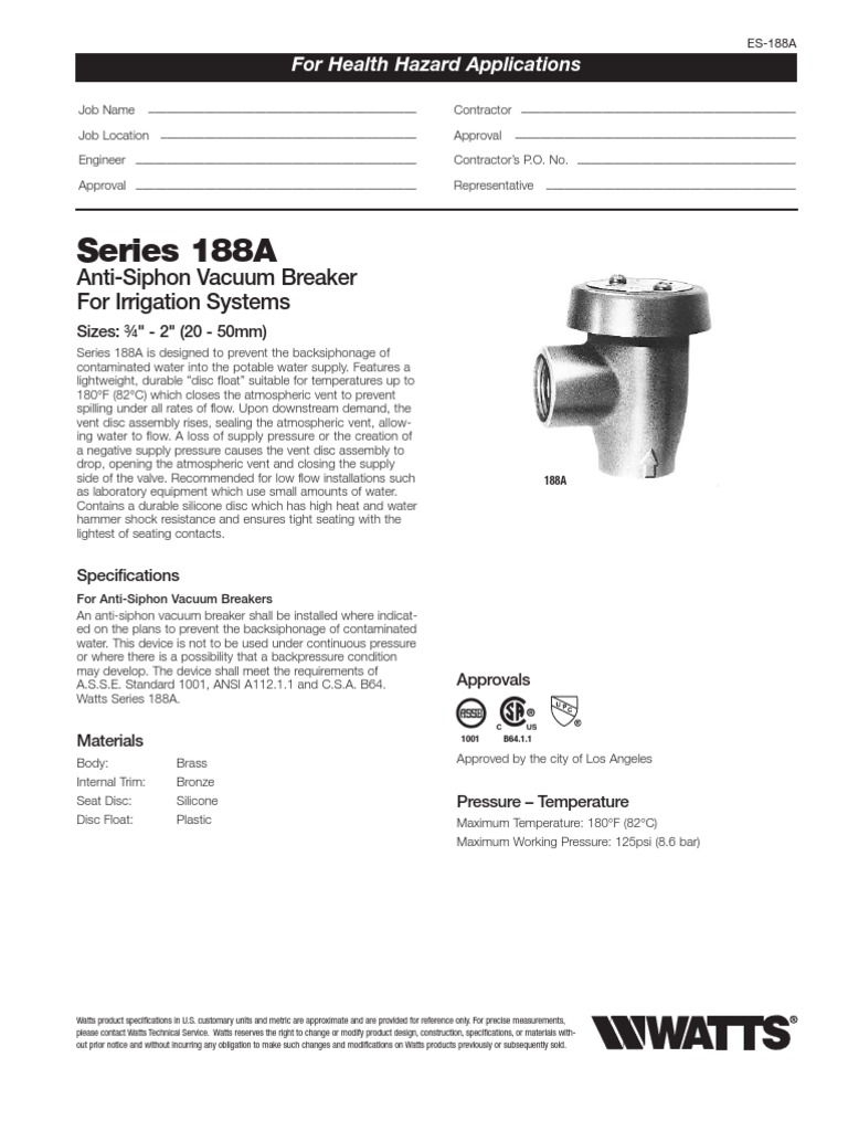 Series 188A AntiSiphon Vacuum Breaker For Irrigation Systems Water