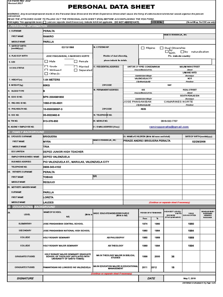 PERSONAL DATA SHEET 212 REVISED 2017 PDF FREE DOWNLOAD visual data 8