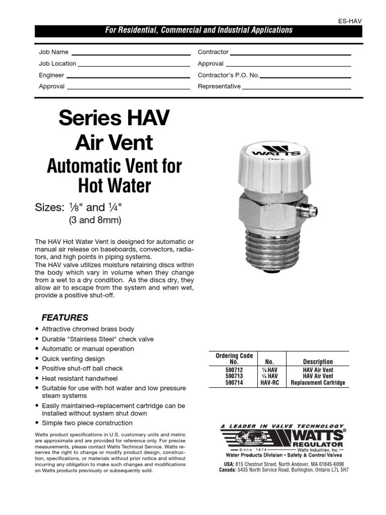Series HAV Air Vent Automatic Vent For Hot Water Specification Sheet