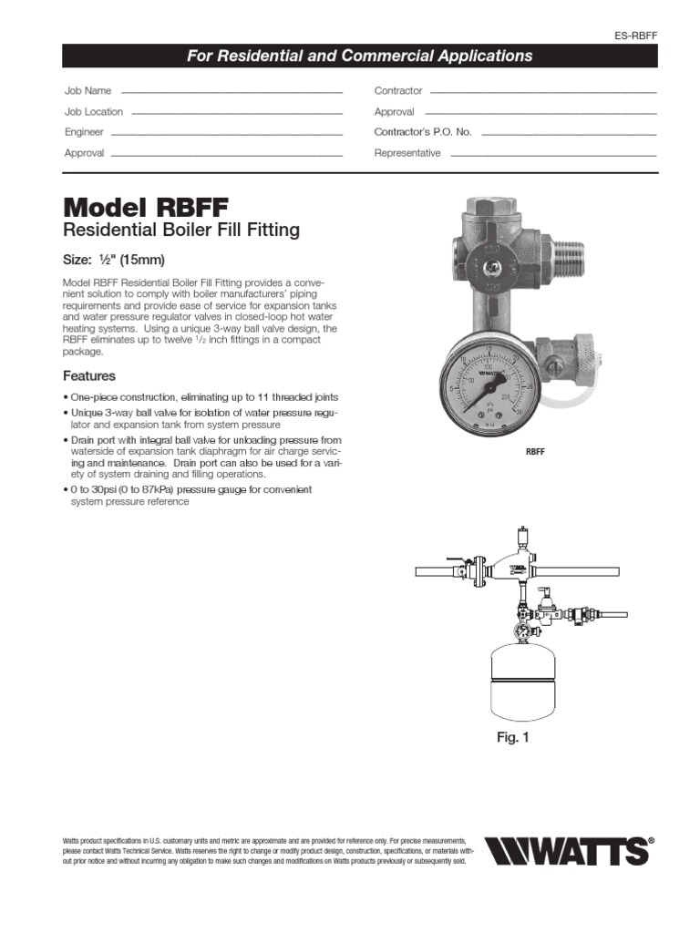 Model RBFF Residential Boiler Fill Fitting Specification Sheet Valve Pressure