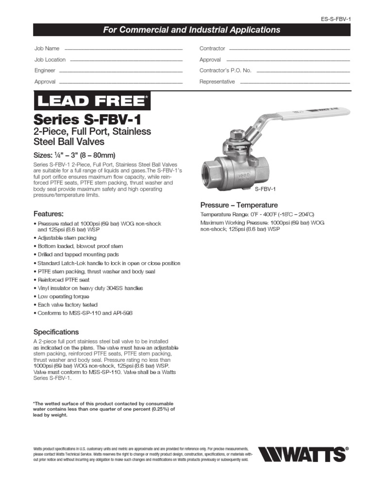 Lead Free Series S-FBV-1 2-Piece, Full Port, Stainless Steel Ball
