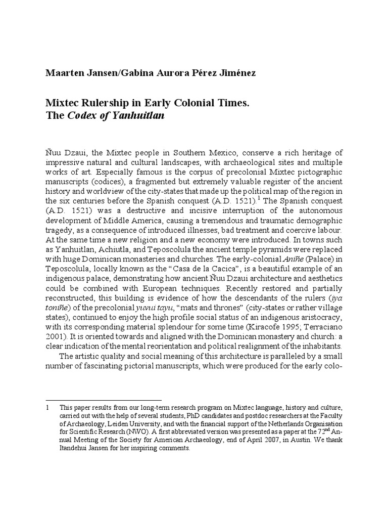 Mixtec Rulership Colonial Times PDF Spanish Colonization Of The Americas Spain