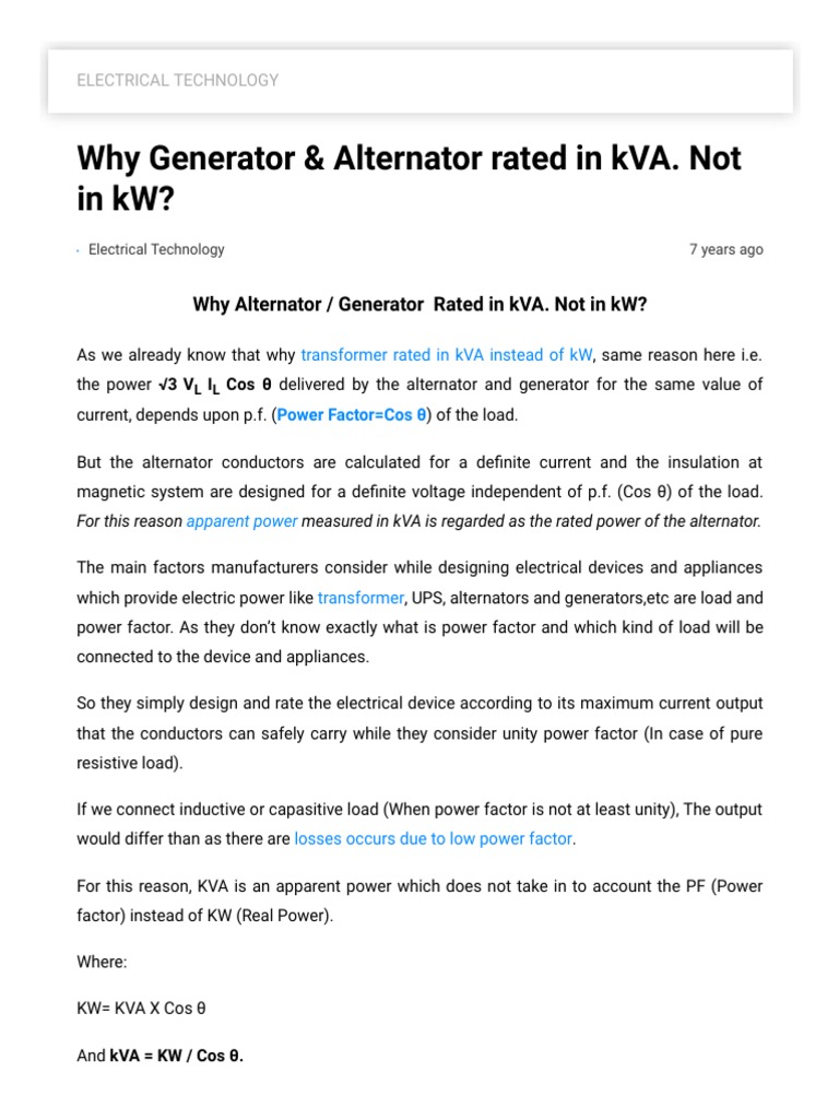 Why Alternator and Generator Are Rated in KVA. Not in KW 1 PDF