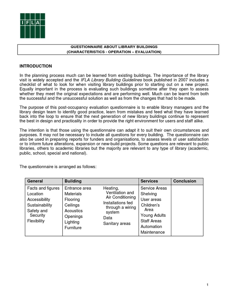 Questionnaire About Library Buildings (Characteristics - Operation ...