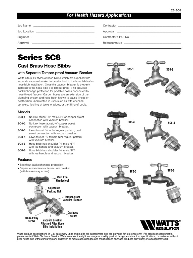 Series SC8 Cast Brass Hose Bibbs Specification Sheet Tap (Valve) Plumbing