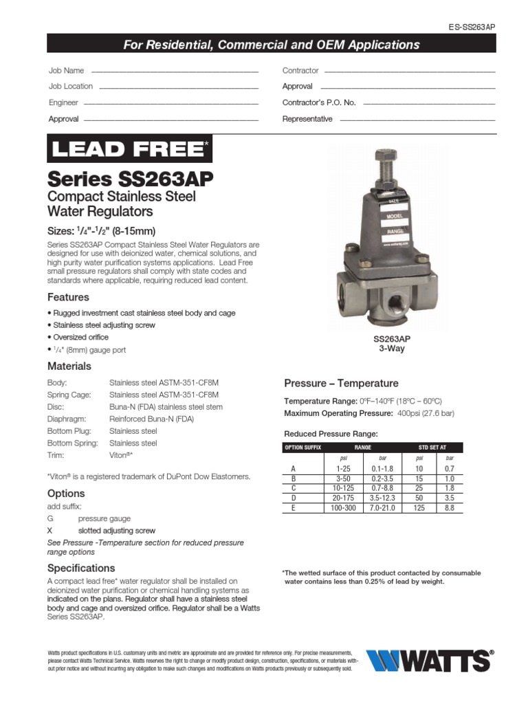 Compact Stainless Steel Water Regulators Specification Sheet Pressure