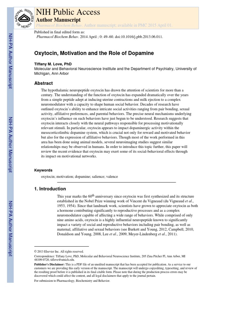 Oxytocin, Motivation and The Role of Dopamine PDF | PDF | Reward System ...