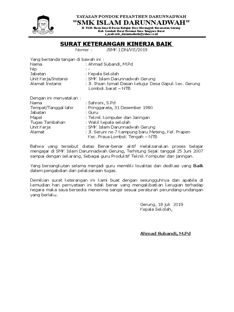 Contoh Surat Keterangan Kinerja Baik Perusahaan - IMAGESEE