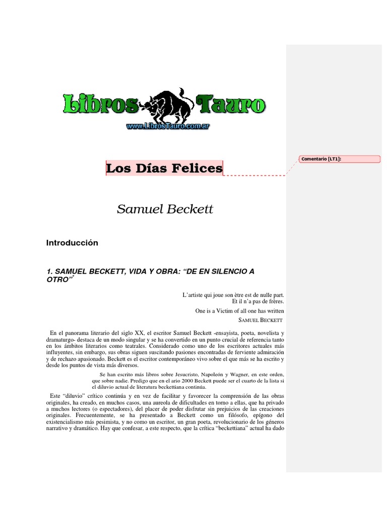 Días Felices de Samuel Beckett PDF Samuel Beckett James Joyce