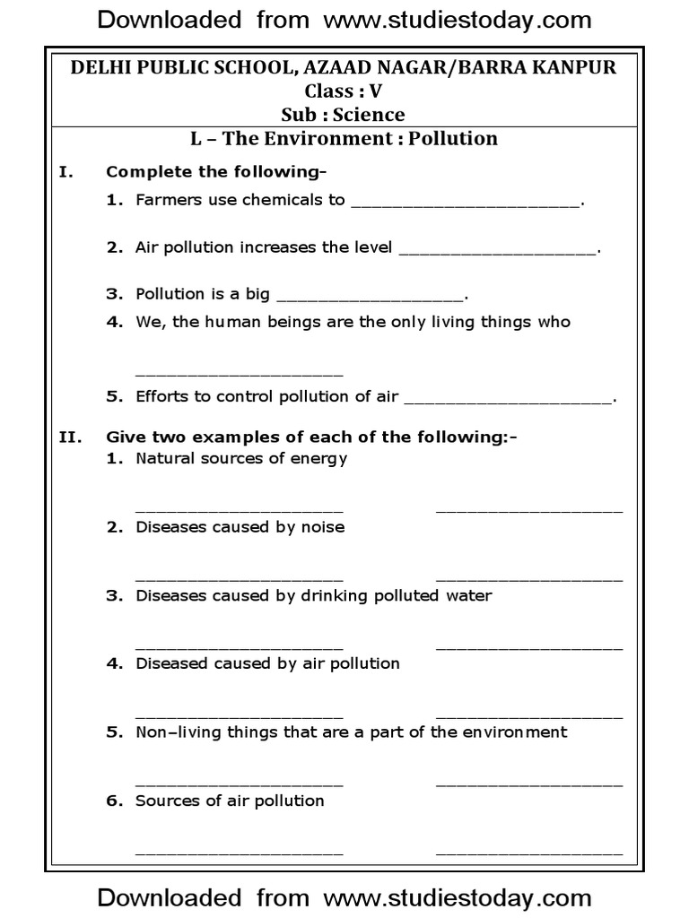 cbse class 5 science worksheets 16 the environment pollution pdf pollution air pollution