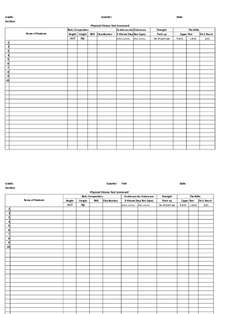 Physical Fitness Test Score Card | PDF | Physical Attractiveness | Body ...